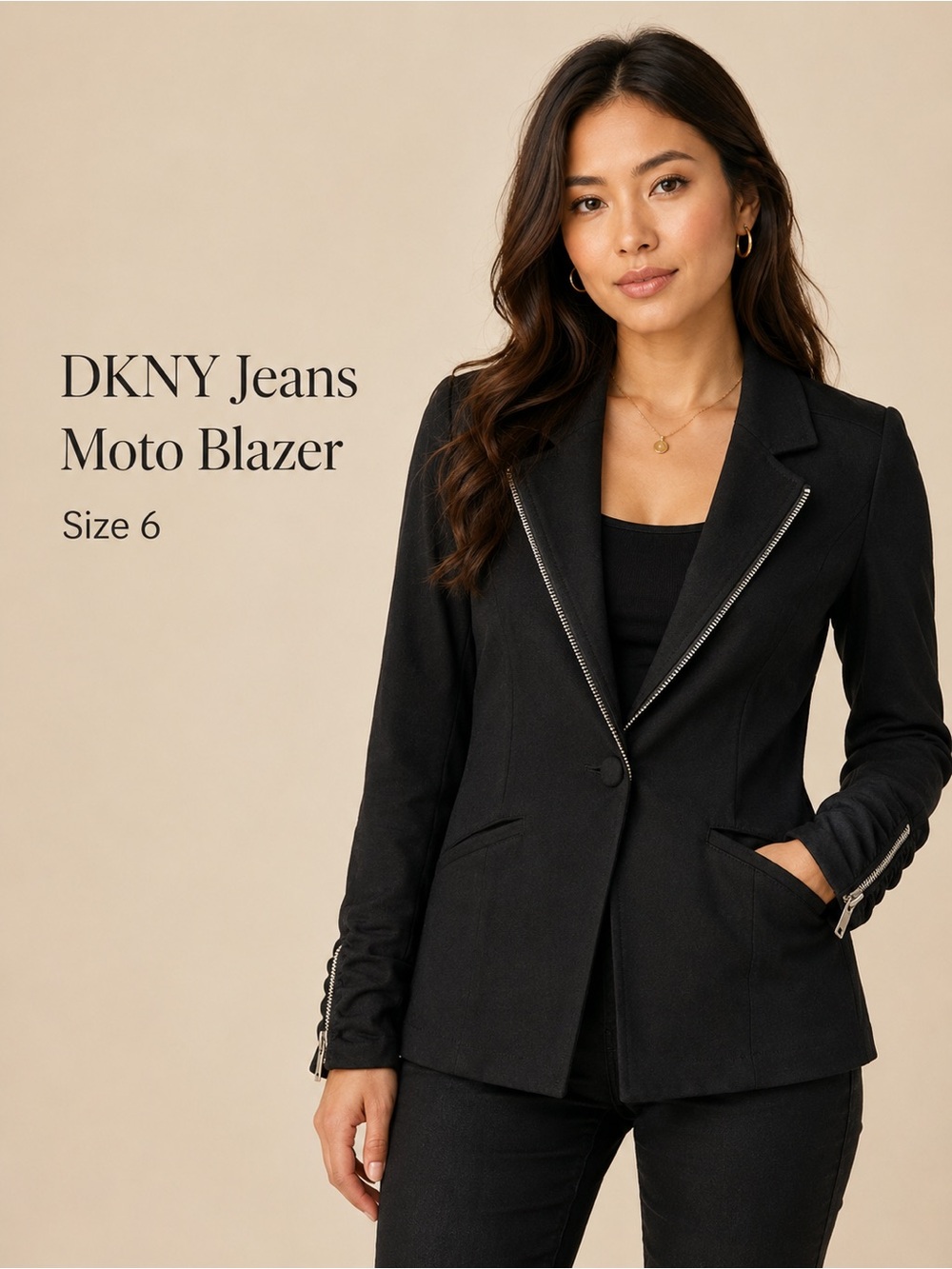 DKNY Jeans Black Ponte Moto Blazer Zip Lapel Jacket Size 6